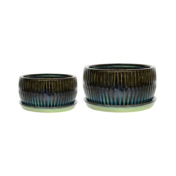 Round Reactive Glaze Bonsai Planter Set of 2 - Cement - L24.5 x W24.5 x H12 cm - Emerald
