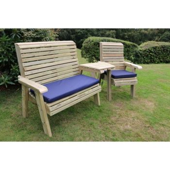 Ergonomic Trio Set Wooden Garden Bench & Chair Set - L75 x W220 x H105 cm - Fully Assembled - Set of Waterproof Cushions Included