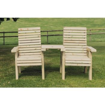 Ergonomical Companion Seat, Wooden Garden Love Seat Chair Set, 2 Chairs w/ Straight Tray - L74 x W170 x H105 cm - Fully Assembled