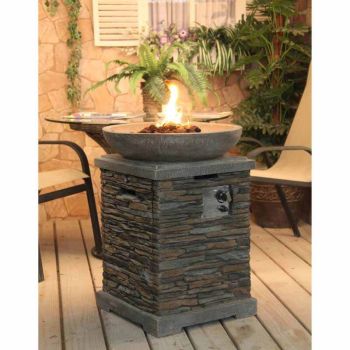 Premium Slate Effect Gas Fire Pit and Fire Bowl - Stone/Steel/Pvc/Lava Rocks - L53 x W53 x H74 cm - Slate
