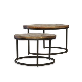 Industrial Round Stool (Set of 2) - Mango Wood/Iron - L70 x W70 x H40 cm - Mango PP Saw Finish 