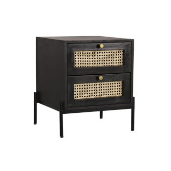 Rattan Bedside Table 2 Drawer - Mango Wood/Iron - L45 x W45 x H55 cm - Black Finish with Natural Rattan - Assembly Required