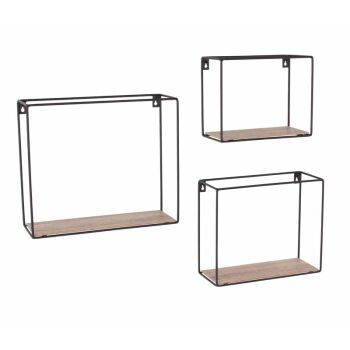 Rectangular Set of 3 Display Wall Shelf Set - Black Metal/Wood Effect