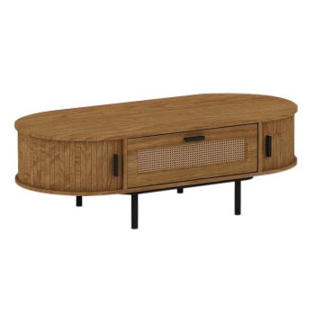 Coffee Table Front Rattan Drawer with Metal Legs - MFC/MDF - L55 x W120 x H40 cm - Light Oak