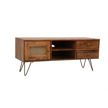 Nyack TV unit - Mango Wood/Iron - L40 x W120 x H50 cm - Light Brown with Natural Rattan - Assembly Required