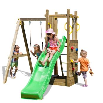 Funny 3 Rumble Ridge Rock Wall with Single Swing & Green Slide - Outdoor Play Set - Pressure Treated Wood - L370.3 x W303 x H272.3 cm