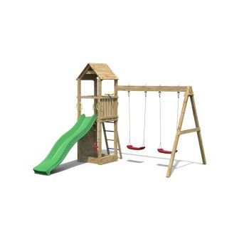 Sky High Hideout with Double Swing & Green Slide - Outdoor Play Set - Pressure Treated Wood - L524.8 x W398.2 x H210 cm