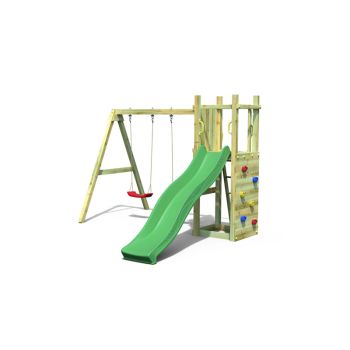 Funny 3 Rumble Ridge Rock Wall with Double Swing & Green Slide - Outdoor Play Set - Pressure Treated Wood - L396 x W375 x H272 cm