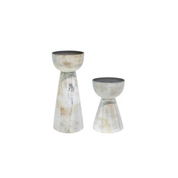 Padstow Candle Holders (Set of 2) - Wood - L9 x W9 x H22 cm - White Wash