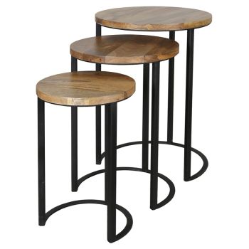 Ravi Iron Base Solid Wood Top Round Stool (Set of 3) - L43 x W43 x H65 cm - Mango Light Finish