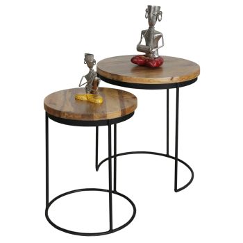 Ravi Iron Base Solid Wood Top Round Stool (Set of 2) - L44 x W44 x H49 cm - Mango Light Finish