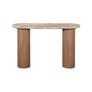Ashford Pedestal Console Table - Natural Marble and Wood - L40 x W120 x H77 cm - Brown