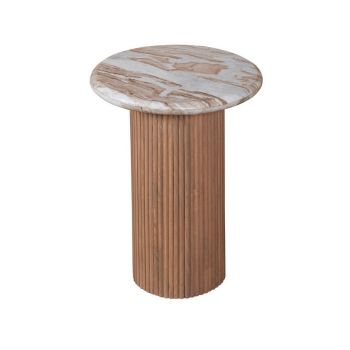Ashford Pedestal Side Table - Natural Marble and Wood - L40 x W40 x H55 cm - Brown