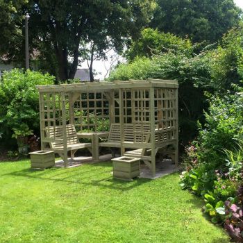 The Riviera Seated Pergola, Corner Arbour Seat - L210 x W335 x H205 cm - Assembly Included - Set of Waterproof Cushions Included