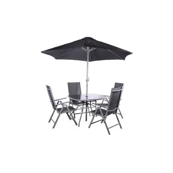 Rio 4 Seater Set with Parasol - Powder Coated Steel - H70 x W96.5 x L96.5 cm - Grey/Black