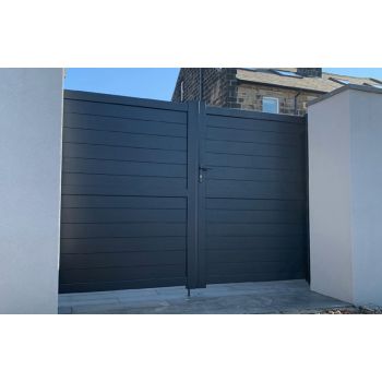 Double Swing Gate 3000x1800mm - Aluminium - Horizontal Solid Infill and Flat Top - Grey