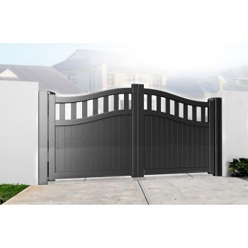 Double Swing Gate 4000x1600mm Black - Vertical Solid Infill and Bell-Curved Top Full Privacy Driveway Gate