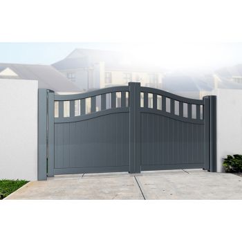 Double Swing Gate 3250x2000mm Grey - Vertical Solid Infill and Bell-Curved Top Full Privacy Driveway Gate