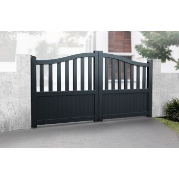 Double Swing Gate 3750x1600mm Black - Partial Privacy Driveway Gate with Vertical Solid Infill and Bell-Curved Top