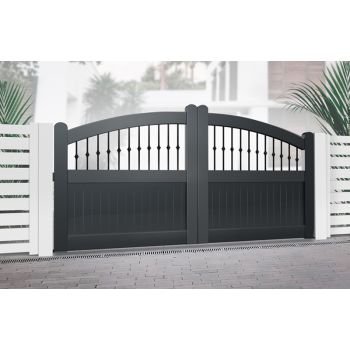 Double Swing Gate 4250x1800mm Black - Vertical Solid Infill, Bell-Curved Top