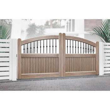 Double Swing Gate 3500x1800mm Wood - Vertical Solid Infill, Bell-Curved Top