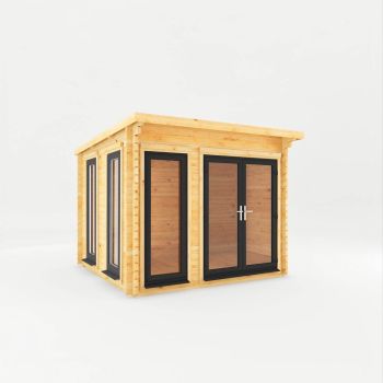 3 x 3 m Studio Pent Log Cabin - 44 mm - Grey UPVC Windows and Doors - Wood/Glass - L333.4 x W303.2 x H249.4 cm