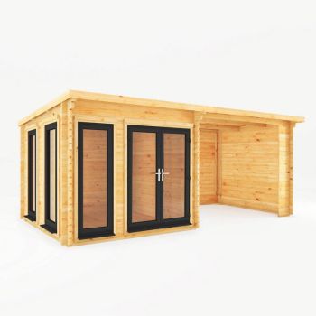 6 x 3 m Studio Pent Log Cabin with Patio Area with UPVC Windows and Doors - 44 mm - Timber - L333.5 x W591.1 x H249.4 cm - Brown