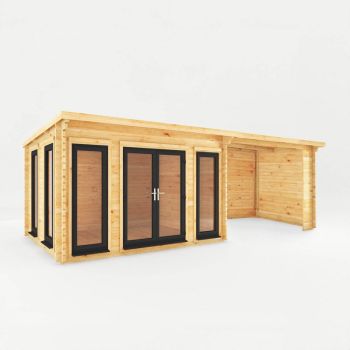 7 x 3 m Studio Pent Log Cabin with Patio Area with UPVC Windows and Doors - 44 mm - Timber - L333.5 x W691.5 x H249.4 cm - Brown