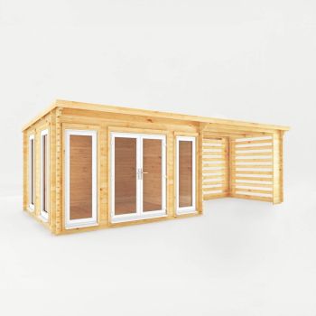 7 x 3 m Studio Pent Log Cabin with Slatted Area - 44 mm - White UPVC Windows and Door - Wood/Glass - L333.5 x W691.5 x H249.4 cm