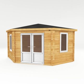 4 x 4 m Corner Cabin with White UPVC Windows and Doors - 44 mm - Timber - L415.1 x W409.3 x H286.8 cm - Brown