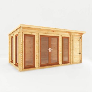 5.1 x 3 m Studio Pent Log Cabin with Side Shed, Oak UPVC Windows and Doors - 44 mm Timber - L333.5 x W514.5 x H249.4 cm - Brown