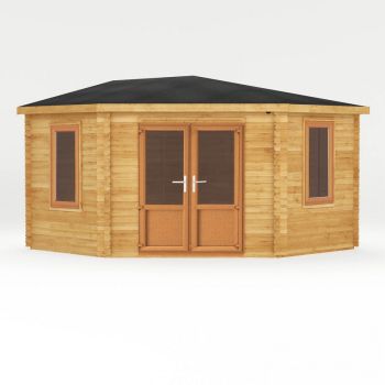 4 x 4 m Corner Cabin with Oak UPVC Windows and Doors - 44 mm - Timber - L415.1 x W409.3 x H286.8 cm - Brown