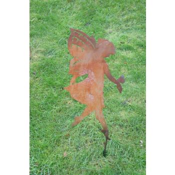 Large Fairy on Stake - Garden Ornament - Solid Steel - L28 x W21.6 x H40.6 cm - Bare Metal/Ready to Rust