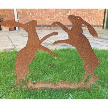 Boxing Hares on Grass Garden Silhouettes - Steel - W50 x H50 cm - Bare Metal/Ready to Rust