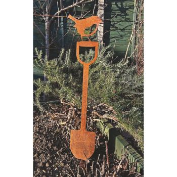 Robin on a Spade (Large) Garden Art (Pack of 3) - Bare Metal/Ready to Rust
