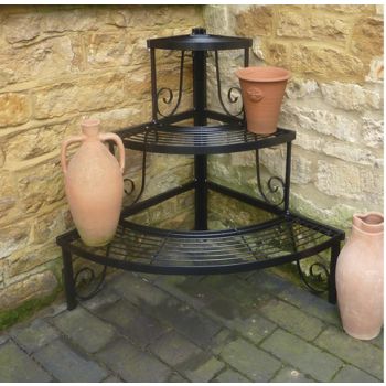 3 Tier Corner Stand - Decorative Garden Shelf - Solid Steel - L63.5 x W82.5 x H76.2 cm - Black