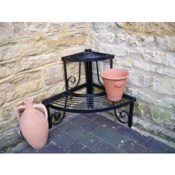 2 Tier Corner Stand - Decorative Garden Shelf - Solid Steel - L43.1 x W82.5 x H50.8 cm - Black