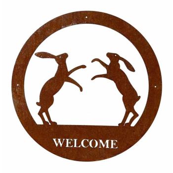 Boxing Hare Welcome Wall Art - Small - Steel - W29.5 x H29.5 cm - Bare Metal/Ready to Rust
