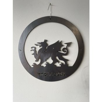 Welsh Dragon Wall Art - Small With Text - Steel - W29.5 x H29.5 cm - Bare Metal/Ready to Rust