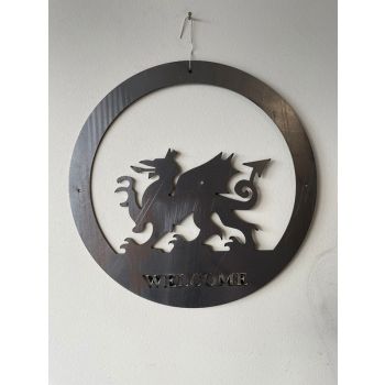 Welsh Dragon Wall Art - Large With Text - Steel - W49.5 x H49.5 cm - Bare Metal/Ready to Rust