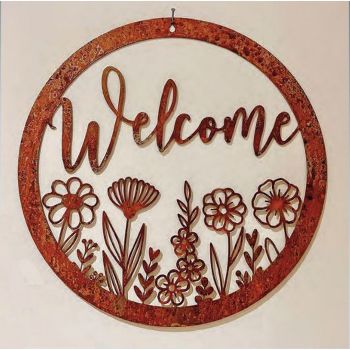 Wildflower Round Welcome Small Garden Wall Art - L29.5 x H29.5 cm - Bare Metal/Ready to Rust