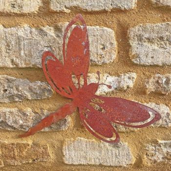 Folded Wings Dragonfly Garden Art - W29.2 x H25.4 cm - Bare Metal/Ready to Rust