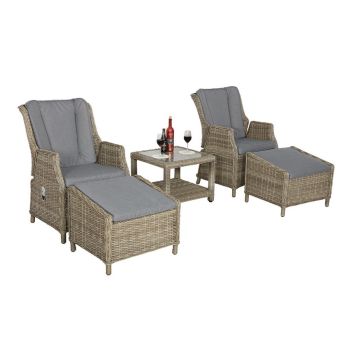 Wentworth 5 Pc Deluxe Gas Reclining Chair Set - Synthetic Rattan - H45 x W60 x L60 cm - Beige
