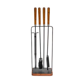 Wooden Handle Square Fireside Companion Set - Iron - L18 x W24 x H73 cm - Brown