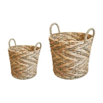 Water Hyacinth Woven Log Basket with Handles (Set of 2) - Brown