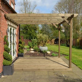 Wall Mounted Garden Pergola and Decking Kit - Wood - L420 x W420 cm - Rustic Brown