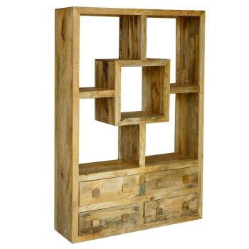 Yoga Straight Bookcase with 4 Drawer - Mango Wood - L35 x W120 x H175 cm - Light Finish
